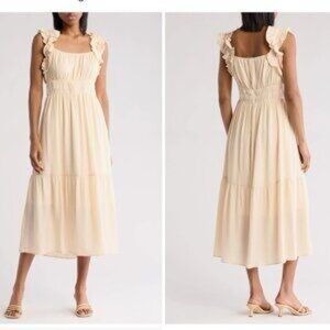 Lucky Brand Cream Ruffle-Shoulder Midi Dress